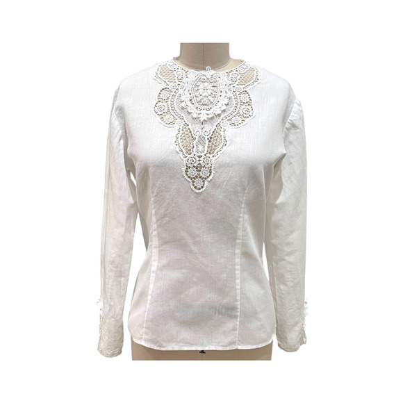 Vintage Irish Linen Blouse Top Womens White Lace Doily Dainty Small - Picture 1 of 8